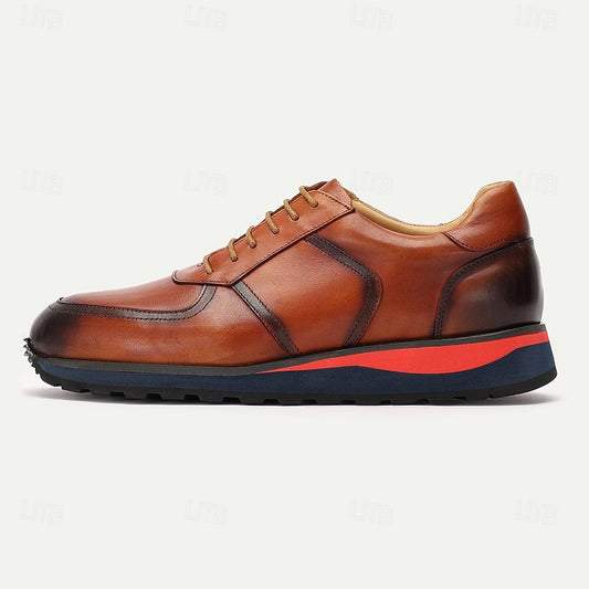 Men's Premium Cowhide Leather Casual Sneakers Vintage Brown Lace-Up Shoes