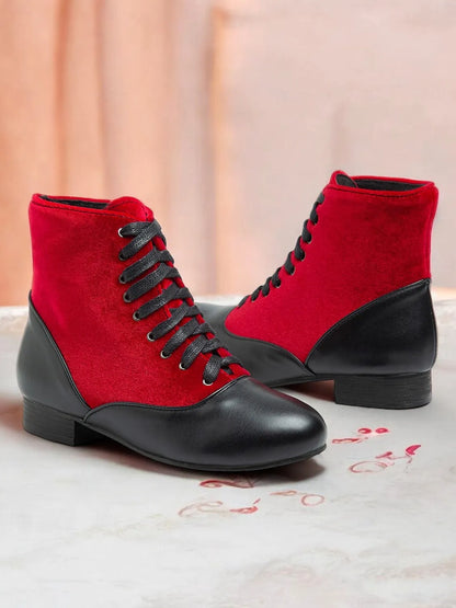 Women's Victorian Red and Black Lace-Up Ankle Boots with Suede and Leather Contrast