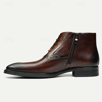 Men's Vintage Brown Leather Ankle Boots - Side Zipper, Lace-Up Design