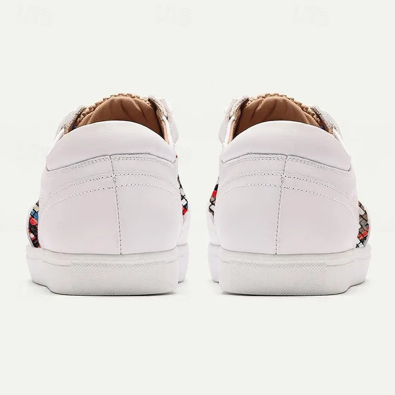 Men's White Leather Sneakers with Multicolor Woven Pattern - Stylish Casual Shoes - Tokiyos