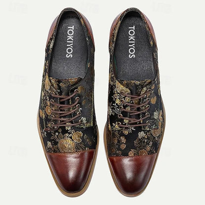 Men's Premium Cowhide Floral Pattern Dress Shoes with Brown Accents