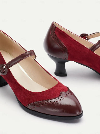 Women's Vintage Red and Brown Mary Jane Pumps with Suede and Leather Combination, Brogue Detailing, and Low Block Heel