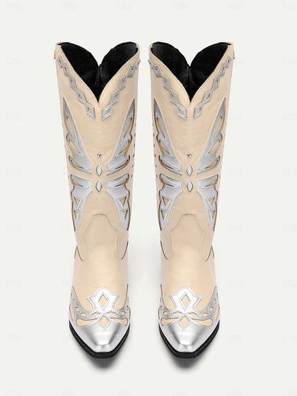 Women's Beige and Silver Western Cowboy Boots with Intricate Butterfly Design – Faux Leather Boots for Rodeo, Country, and Casual Wear