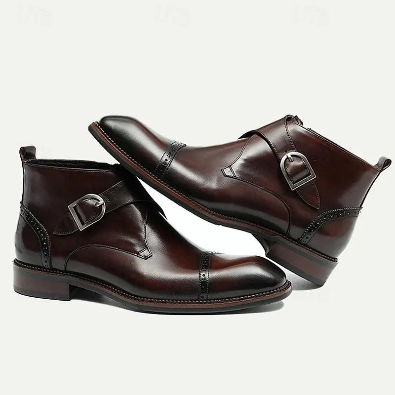 Men's Buckle Strap Ankle Boots - 100% Premium Cowhide Leather with Brogue Detailing - Tokiyos