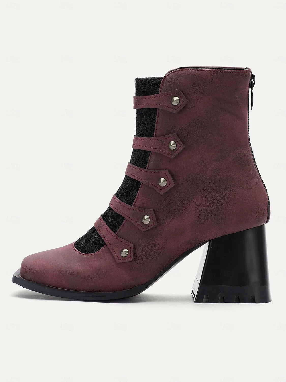 Women's Gothic Burgundy Ankle Boots with Straps and Lace Panel