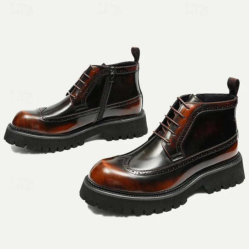 Men's Chunky Sole Brogue Boots - 100% Premium Cowhide Leather with Lace-Up Design - Tokiyos