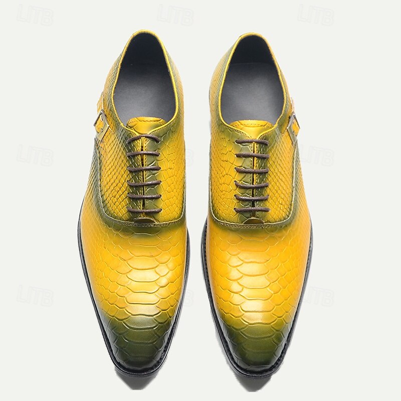 Men's Yellow Gradient Snake Pattern Leather Oxford Shoes with Buckle Detail