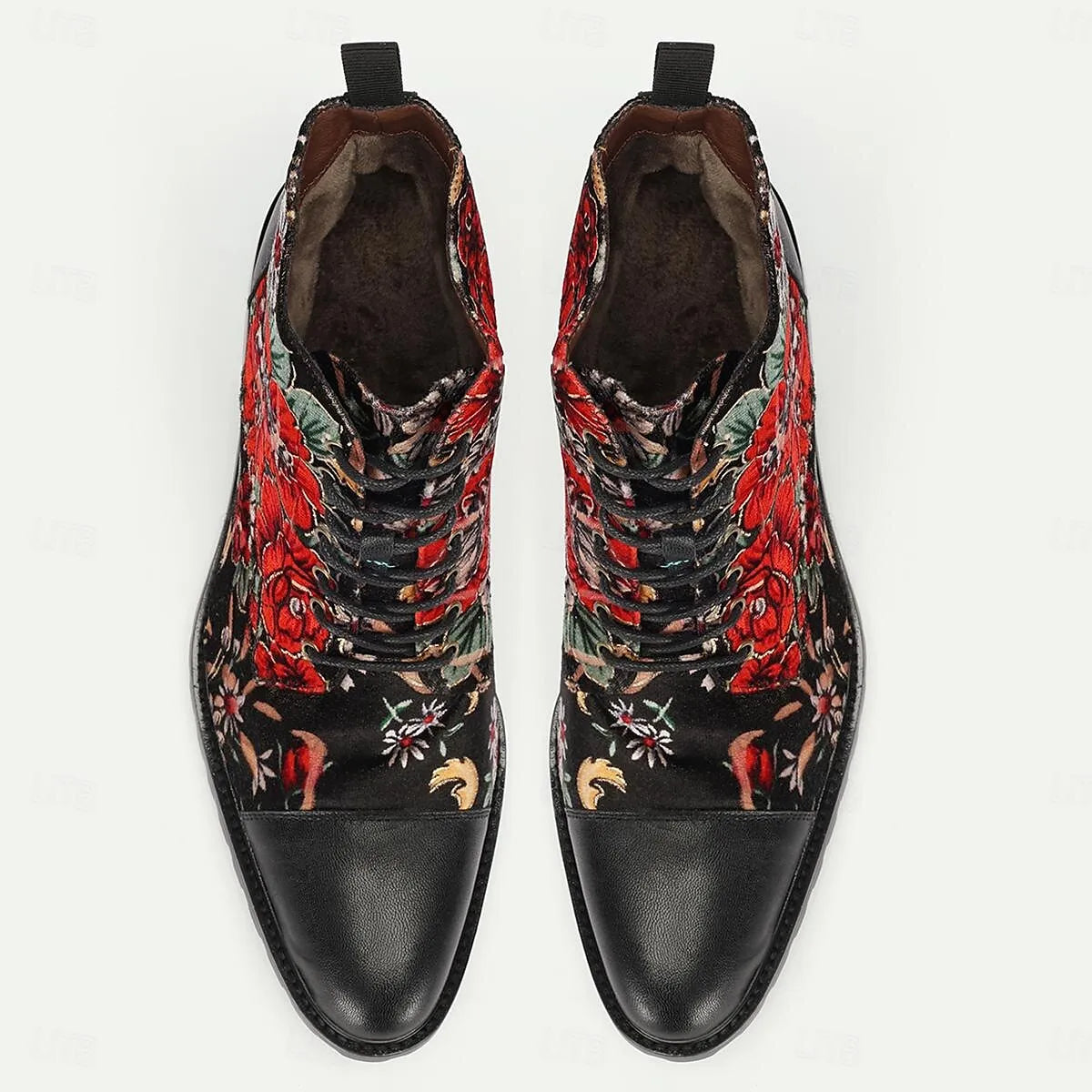 Men's Black Premium Cowhide Lace-Up Boots with Vibrant Red Floral Patterns and Rugged Sole