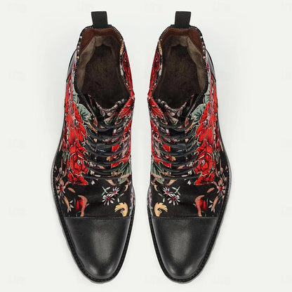 Men's Black Premium Cowhide Lace-Up Boots with Vibrant Red Floral Patterns and Rugged Sole