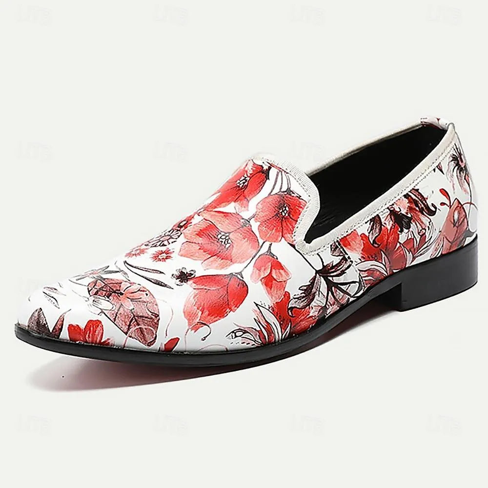 Men's Floral Print Slip-On Dress Shoes in Red and White - Tokiyos