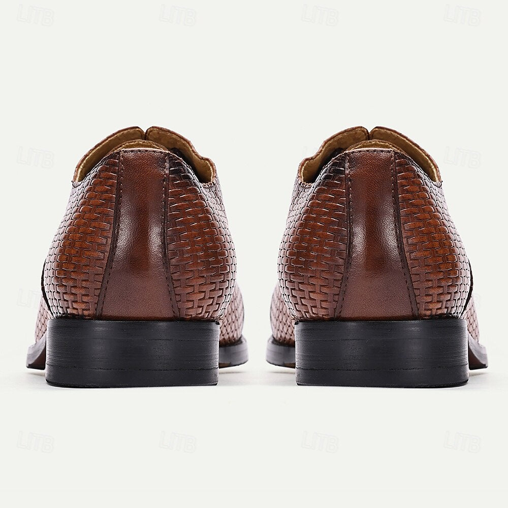 Men's Woven Pattern Brown Leather Oxford Shoes-Premium Cowhide Lace-Up Formal Shoes for Business and Special Occasions