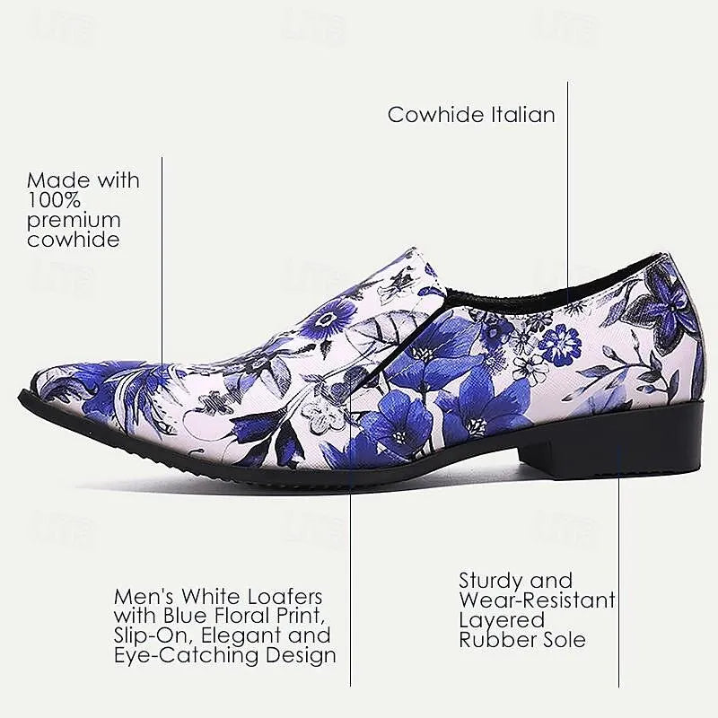 Men's Floral Print Dress Shoes - Blue and White Elegant Oxford Loafers - Tokiyos