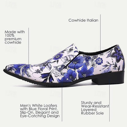 Men's Floral Print Dress Shoes - Blue and White Elegant Oxford Loafers - Tokiyos