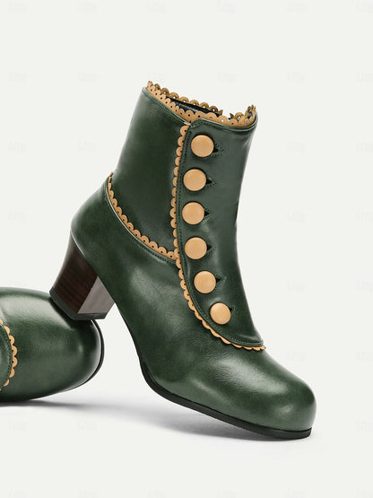 Victorian Vintage Green Leather Ankle Boots for Women -Retro Button Design with Scalloped Trim, Perfect for Fall Fashion