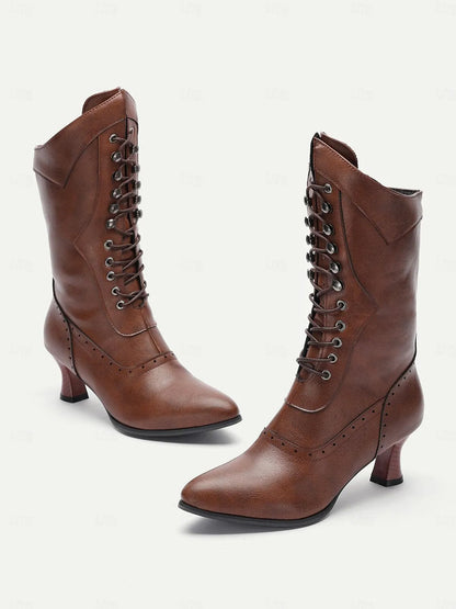 Women's Brown Victorian Lace-Up Boots with Mid Heel and Brogue Detailing - Retro Style Knee-High Boots