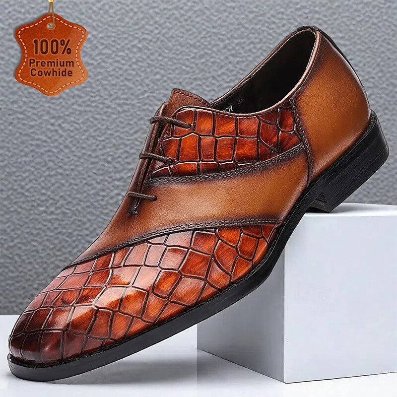 Men's Brown Crocodile Embossed Leather Oxford Shoes - Premium Cowhide Formal Lace-Up Shoes for Business and Special Events