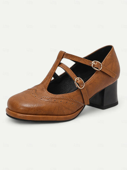 Women's Vintage Red Mary Jane Heels – Double Buckle Strap, Retro Block Heel, Perfect for Formal and Casual Occasions