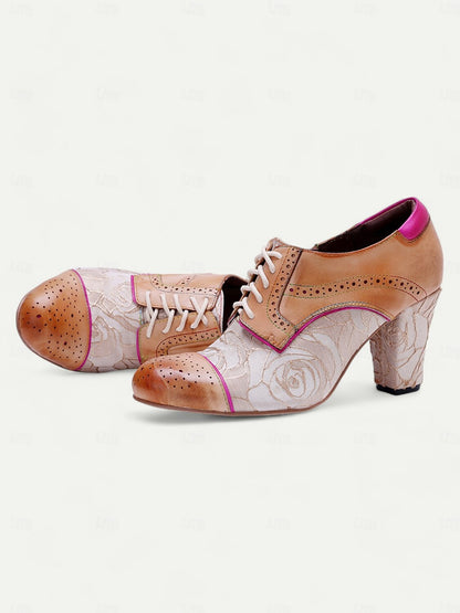 Women's Vintage Floral Lace-Up Heeled Oxford Shoes-Leather Brogue Design with Pink Accents for Retro and Chic Styles