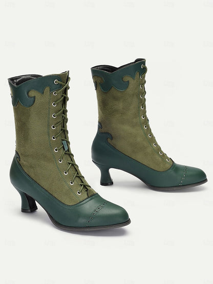 Women's Victorian Vintage Green Lace-Up Boots with Scalloped Trim and Brogue Detailing