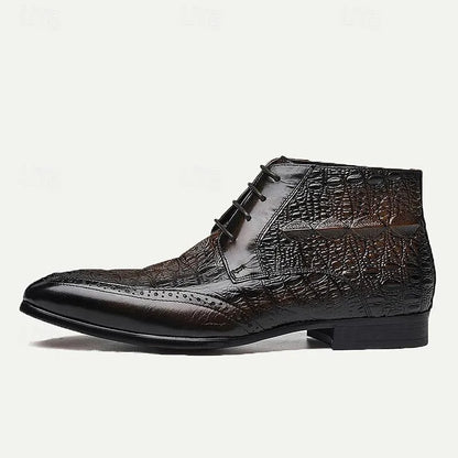 Men's Premium Cowhide Dress Shoes with Embossed Crocodile Pattern and Black Accents