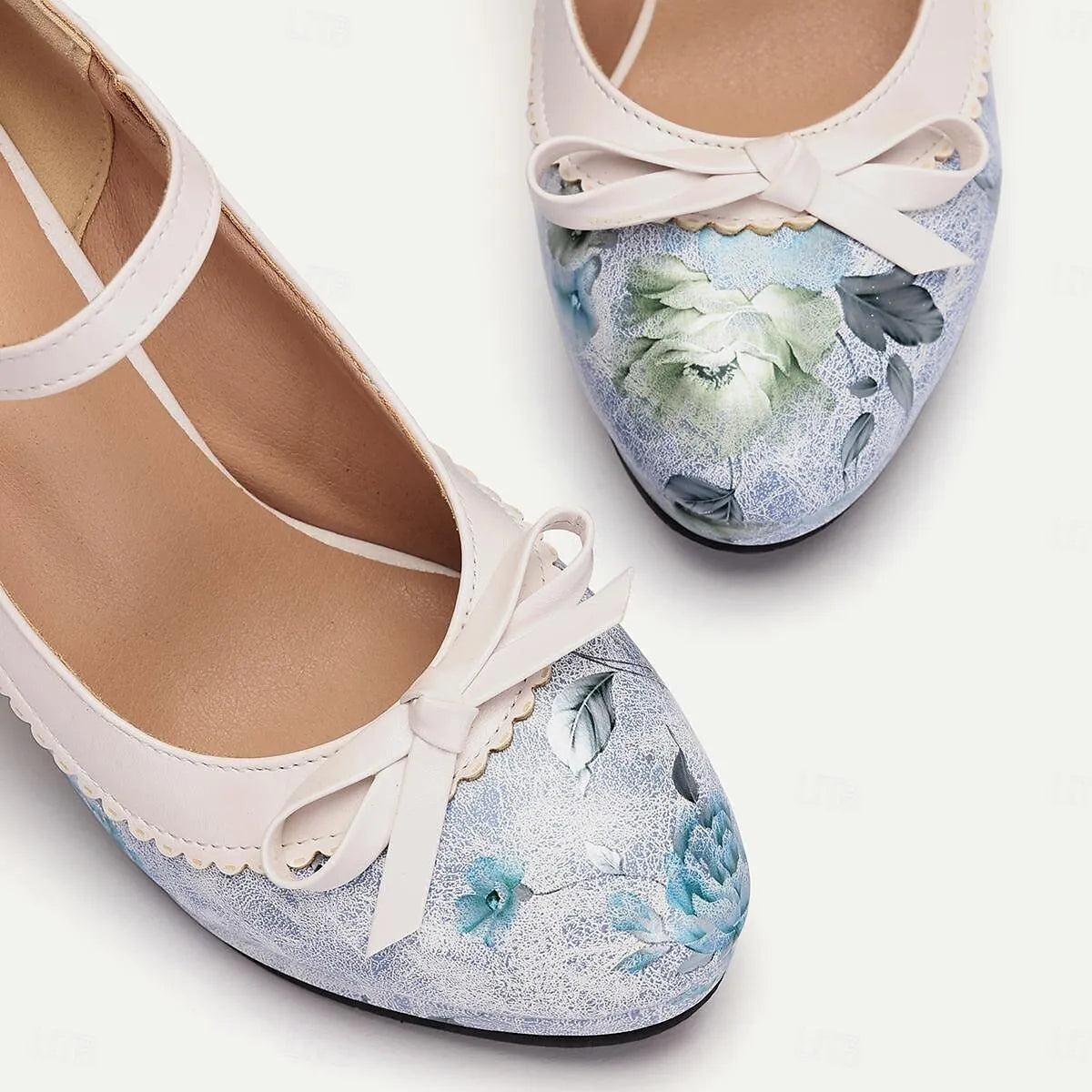 Floral White Platform Mary Jane Heels with Bow for Women - Tokiyos