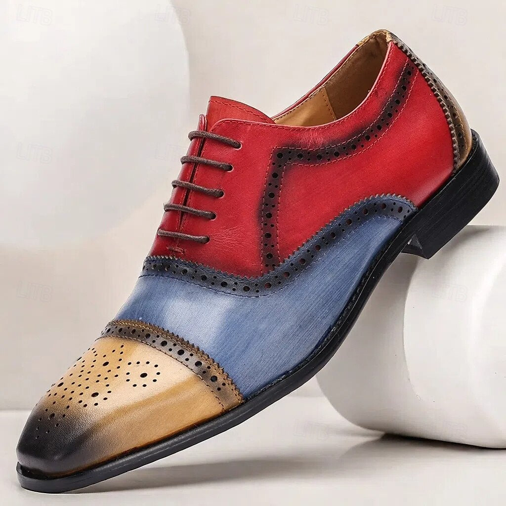 Men's Premium Cowhide Leather Oxford Shoes - Multicolor Brogue Lace-Up Dress Shoes with Wingtip Design