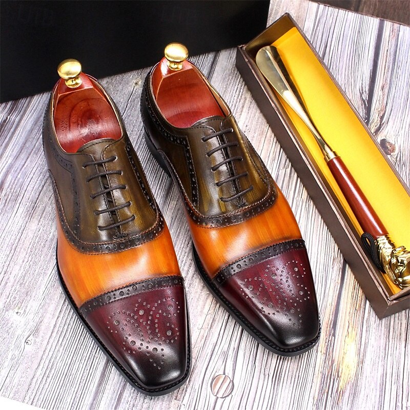 Men's Premium Cowhide Leather Oxford Shoes - Multicolor Brogue Lace-Up Dress Shoes with Wingtip Design