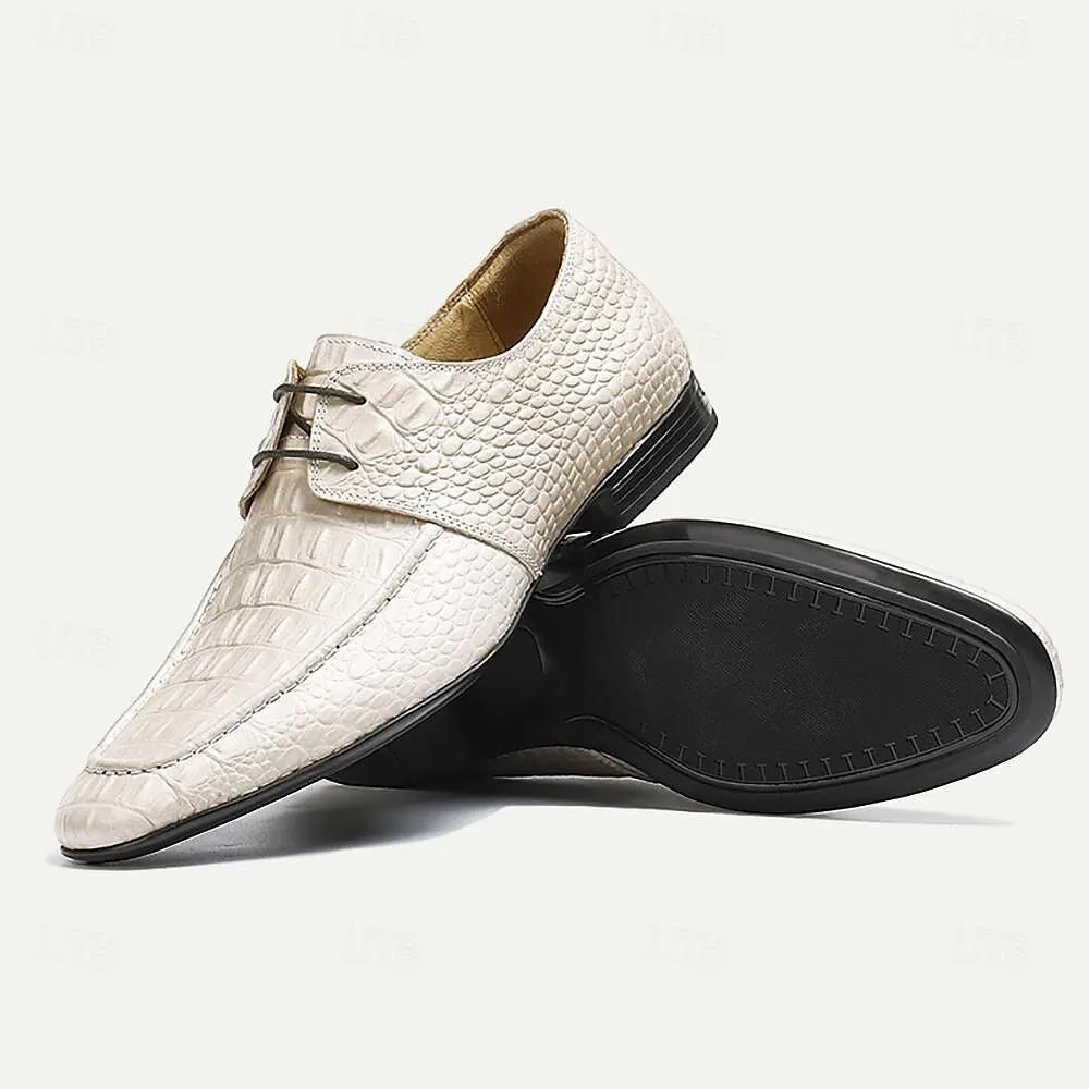 Men's Luxury Alligator Pattern Leather Lace-Up Dress Shoes in Ivory - Tokiyos