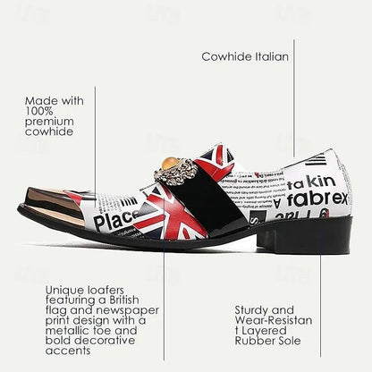 Men's Fashion Loafers with British Flag Design and Gold Crown Buckle - Tokiyos