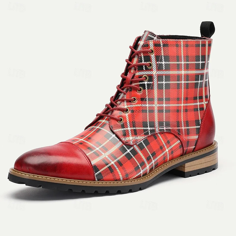 Men's Premium Cowhide Tartan Plaid Ankle Boots - Vintage Lace-Up Leather Boots with Rugged Sole for Casual and Formal Wear