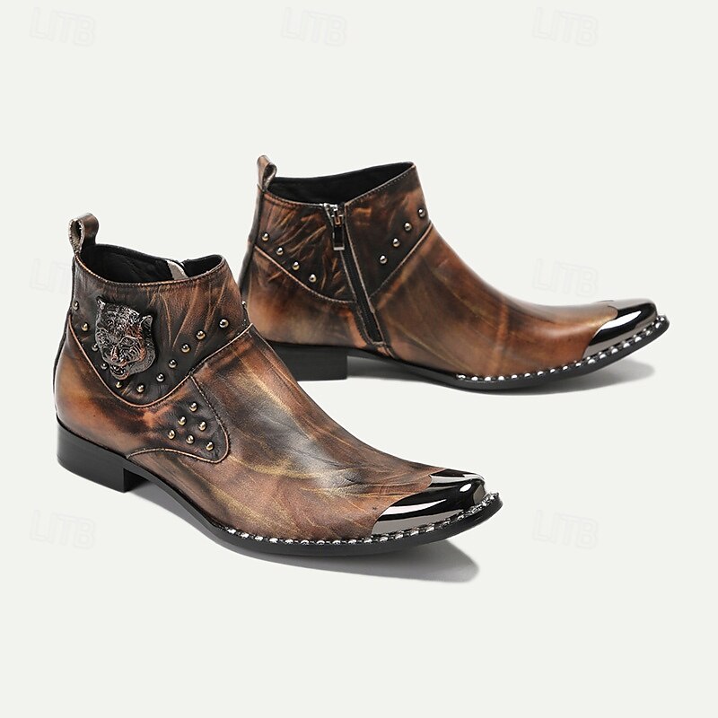 Men's Premium Cowhide Leather Motorcycle Boots with Studded Design, Brown Gradient Finish, and Metallic Detailing - Perfect for Biker Style and Casual Outfits