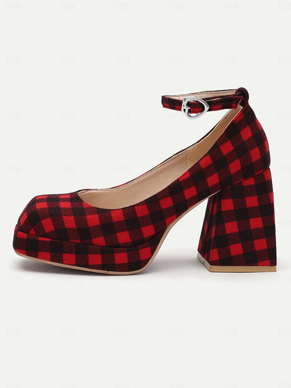 Women's Red Plaid Block Heel Mary Jane Shoes with Ankle Strap, Vintage Style