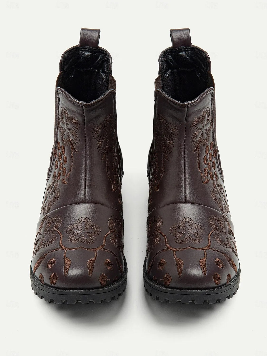 Women's Brown Chelsea Boots with Floral Embroidery and Rugged Sole