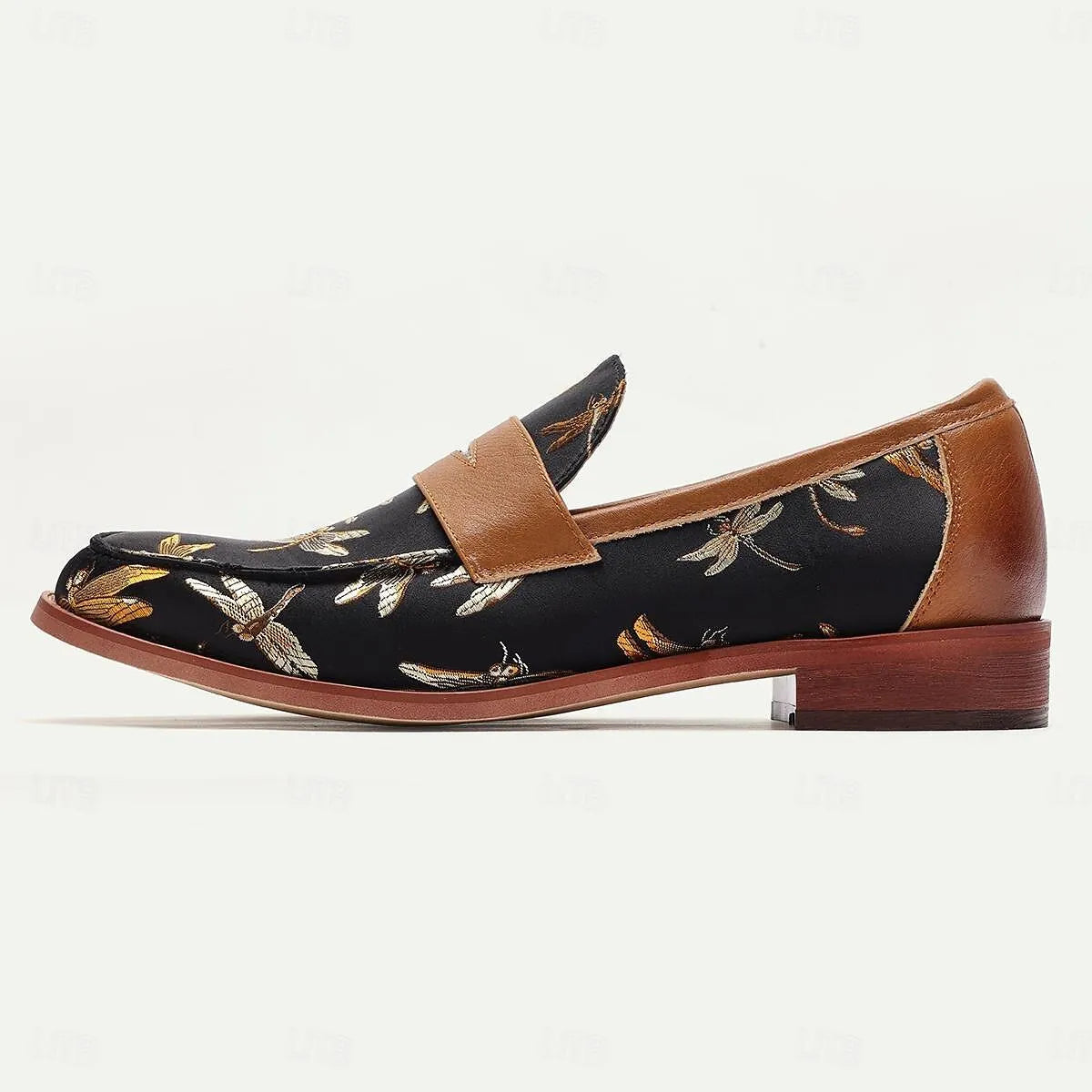 Men's Floral Embroidered Black Leather Loafers - Tokiyos