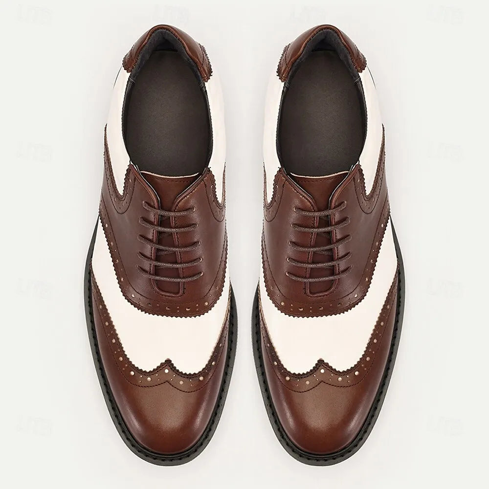 Men's Premium Cowhide Brown and White Wingtip Oxford Shoes with Perforated Detailing