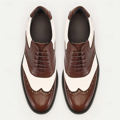 Men's Premium Cowhide Brown and White Wingtip Oxford Shoes with Perforated Detailing