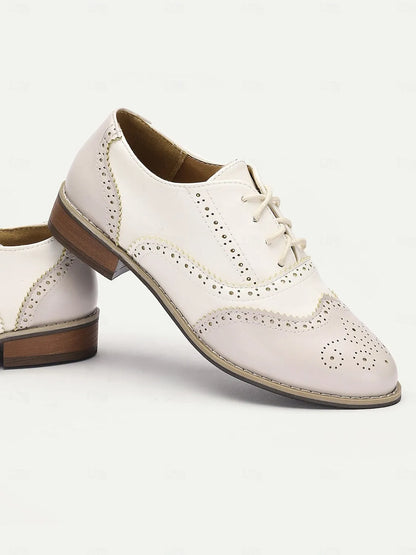 Women's Cream and White Faux Leather Brogue Oxford Shoes with Lace-Up Closure