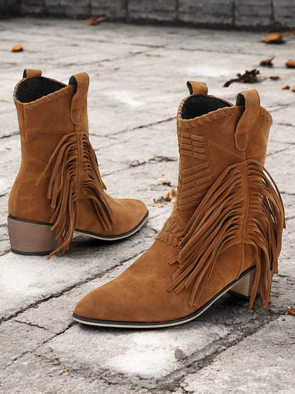 Women's Faux Suede Fringe Western Cowboy Boots Vintage-Style Ankle Boots for Festivals and Riding