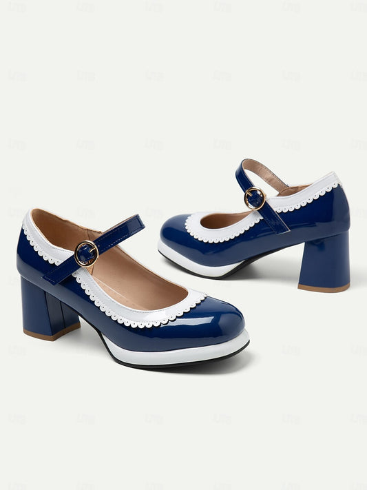 Women's Retro Blue and White Mary Jane Block Heels with Scalloped Trim – Vintage-Style Shoes for Cosplay, Parties, and Formal Occasions