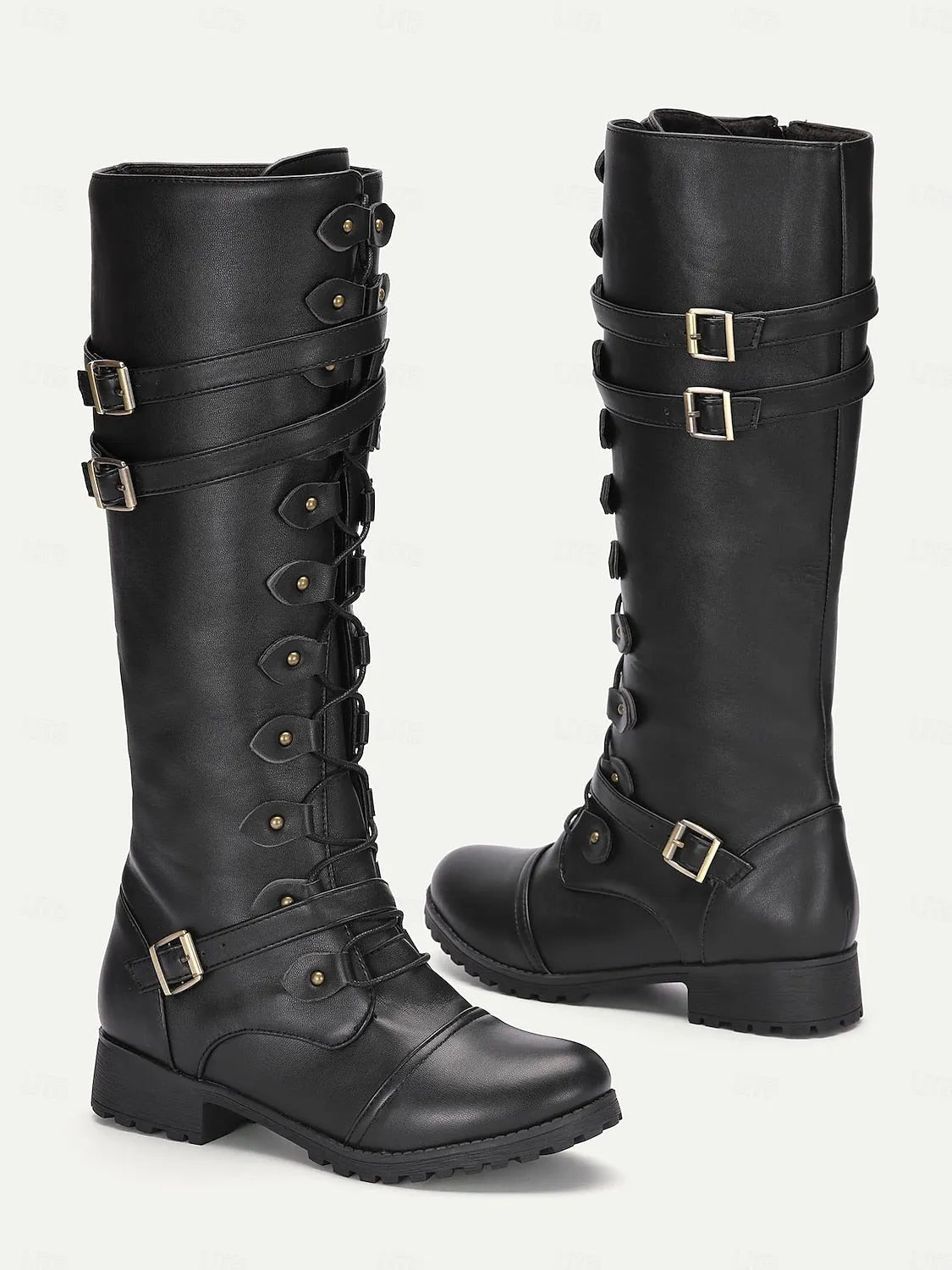 Women's Black Faux Leather Knee-High Combat Boots