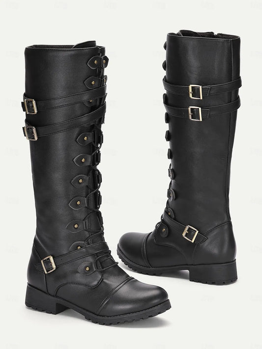 Women's Black Faux Leather Knee-High Combat Boots with Buckle Straps and Lace-Up Design