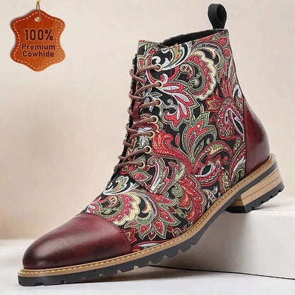 Men's Premium Leather Floral Oxford Boots Vintage Paisley Design