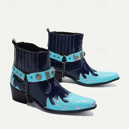 Men's Blue and Turquoise Leather Motorcycle Boots