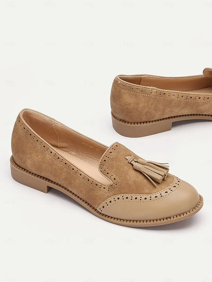 Women's Tassel Loafers with Brogue Details - Classic and Versatile Slip-On Shoes for Office and Casual Wear