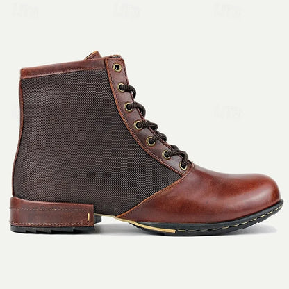 Men's Brown Leather and Mesh Motorcycle Ankle Boots with Lace-Up Design - Durable Biker Boots for Outdoor Adventures