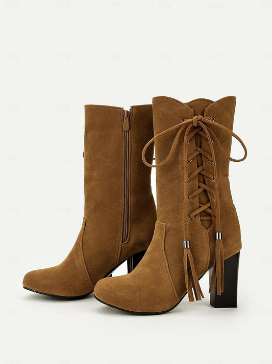 Women's Brown Suede Lace-Up Mid-Calf Boots with Zipper and Tassel Details - Stylish High Heel Boots for Fall and Winter