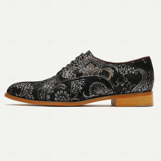 Men's Black Floral Brocade Oxfords: Classic Lace-Up Shoes with Luxurious Detailing - Tokiyos