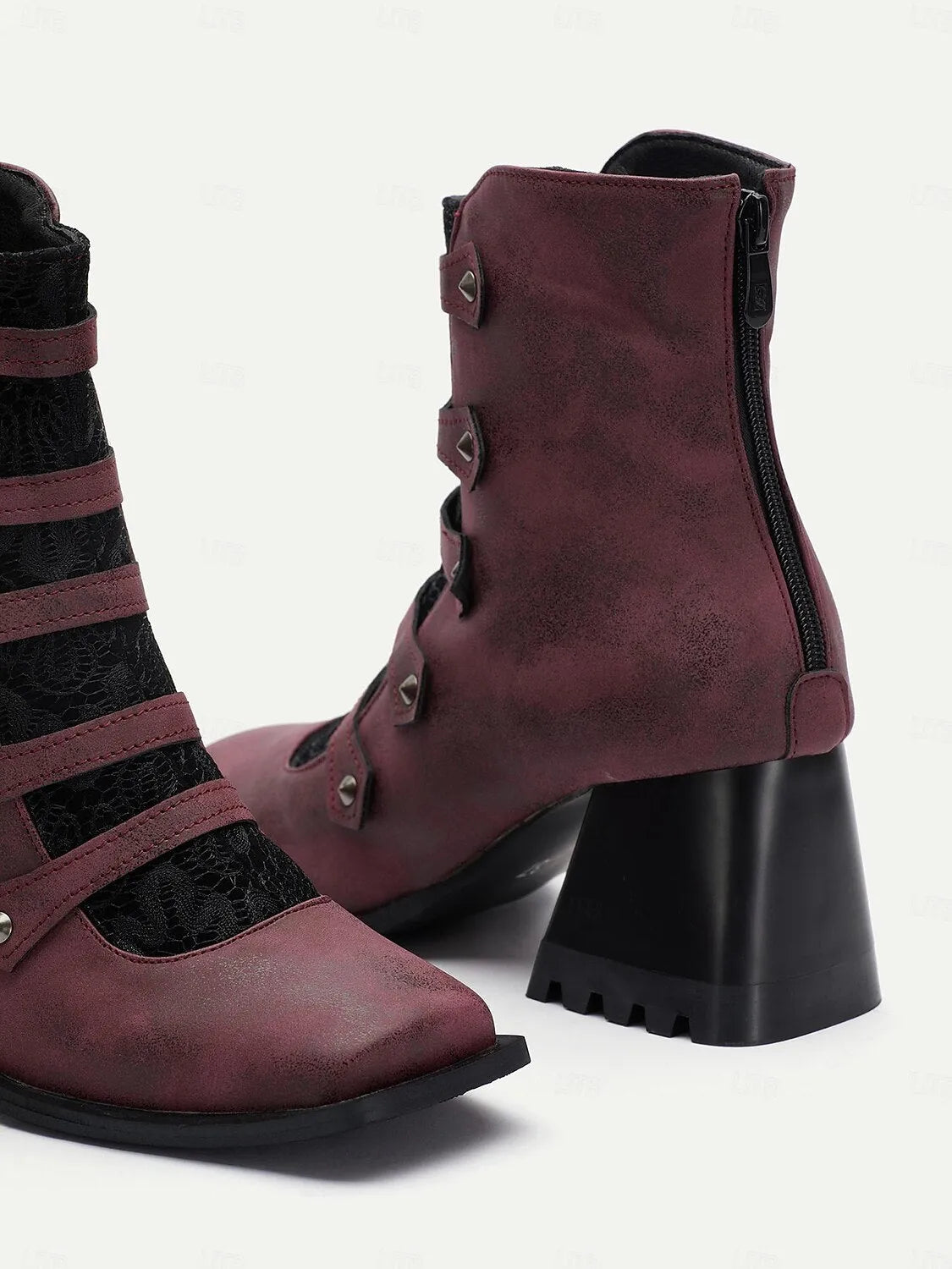 Women's Gothic Burgundy Ankle Boots with Straps and Lace Panel - Chunky Block Heel Retro Style Boots with Side Zipper