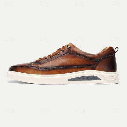 Men's Premium Cowhide Leather Casual Sneakers Vintage Brown Gradient Lace-Up