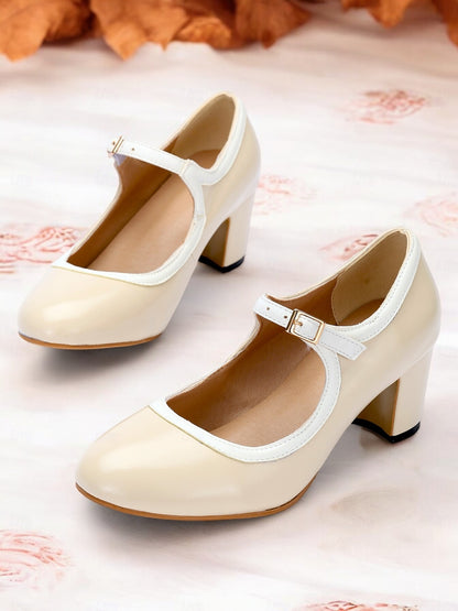 Women's Cream Vintage Mary Jane Block Heel Shoes with Adjustable Strap